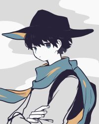 Rule 34 | 1boy, backpack, bag, black hair, blue eyes, crossed arms, expressionless, hat, highres, limited palette, looking to the side, maco22, male focus, original, scarf, short hair, solo, upper body