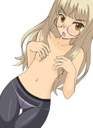 Rule 34 | 00s, 1girl, angry, blonde hair, blush, breasts, brown eyes, covering privates, covering breasts, crotch seam, dutch angle, glasses, grabbing, grabbing another&#039;s breast, long hair, navel, open mouth, panties, panties under pantyhose, pantyhose, perrine h. clostermann, simple background, small breasts, solo, strike witches, thigh gap, thighs, topless, underwear, world witches series, yellow eyes