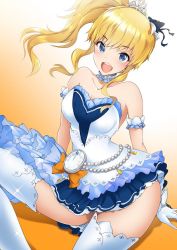 Rule 34 | 10s, 1girl, :d, bare shoulders, beads, blonde hair, blue eyes, breasts, dress, idolmaster, idolmaster cinderella girls, idolmaster cinderella girls starlight stage, jewelry, jpeg artifacts, long hair, maruwa tarou, medium breasts, ohtsuki yui, open mouth, pocket watch, side ponytail, smile, solo, thighhighs, tiara, watch