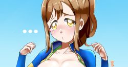 Rule 34 | ..., 1girl, aqua background, artist name, blue background, blue bodysuit, blue one-piece swimsuit, blush, bodysuit, breasts, brown eyes, brown hair, crying, crying with eyes open, female focus, gradient background, hair between eyes, half-closed eyes, heart, holding, holding own hair, kunikida hanamaru, large breasts, light brown hair, long hair, looking at viewer, love live!, love live! sunshine!!, one-piece swimsuit, out-of-frame censoring, pabsmikan, parted lips, smile, solo, spoken heart, standing, swimsuit, tears, unzipped, upper body, yellow eyes