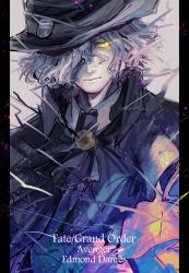 Rule 34 | 1boy, aura, character name, collared shirt, copyright name, edmond dantes (fate), electricity, fate/grand order, fate (series), formal, green hat, green jacket, hair over one eye, hat, highres, jacket, long sleeves, looking at viewer, male focus, medium hair, nishikiya, one eye covered, shirt, silver hair, solo, suit, upper body, white shirt, wing collar, yellow eyes