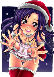 Rule 34 | 1girl, blush, censored, christmas, female pubic hair, hat, holding, holding clothes, holding panties, holding underwear, long hair, original, panties, presenting removed panties, pubic hair, purple hair, pussy, santa costume, santa hat, smile, solo, stain, stained panties, te28, thigh gap, thighhighs, underwear