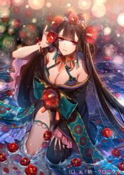 Rule 34 | 1girl, absurdly long hair, asymmetrical legwear, bracelet, breasts, brown hair, cleavage, copyright name, flower, from above, hair between eyes, highres, japanese clothes, jewelry, kazari tayu, kimono, kneeling, large breasts, long hair, looking at viewer, looking up, necklace, obi, red eyes, sash, solo, tenka touitsu chronicle, thigh strap, uneven legwear, very long hair, water, wet