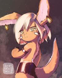 Rule 34 | 1other, absurdres, armband, brown fur, dorsal stripe, earrings, furry, highres, jewelry, nanachi (made in abyss), short hair, shorts, skalel, tail, tattoo, topless, yellow eyes