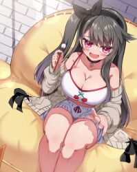 Rule 34 | 1girl, :d, azur lane, black hairband, blush, breasts, brown hair, camisole, cleavage, couch, curvy, dutch angle, fang, hairband, highres, lap pillow invitation, large breasts, long hair, midriff, mikage (shibi), mimikaki, on couch, open mouth, pamiat merkuria (azur lane), pamiat merkuria (sweet cherry memories) (azur lane), pendant choker, pink eyes, shorts, shortstack, side ponytail, sitting, skin fang, smile, strap slip, swept bangs, very long hair