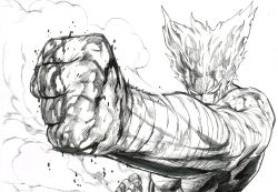 Rule 34 | 1boy, absurdres, bandages, bandaged arm, bandages, blank eyes, blood, blood on face, clenched hand, commentary request, facing viewer, foreshortening, garou (one-punch man), greyscale, highres, male focus, manly, monochrome, murata yuusuke, muscular, official art, one-punch man, perspective, pointy hair, topless male, simple background, smoke, solo, sweat, white background