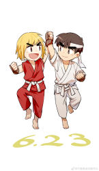 Rule 34 | 2boys, absurdres, aged down, black hair, blonde hair, capcom, chibi, clenched hand, dougi, eye contact, full body, headband, highres, holding hands, jumping, ken masters, light blush, looking at another, male focus, multiple boys, red shirt, ryu (street fighter), shirt, short hair, smile, street fighter, thick eyebrows, yuiofire