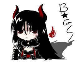 Rule 34 | 10s, 1girl, black gold saw, black hair, black rock shooter, boots, chibi, full body, horns, king saw, long hair, looking at viewer, naginami, red eyes, simple background, solo, very long hair, white background