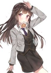 Rule 34 | 1girl, arm up, bad id, bad twitter id, black hair, blazer, cowboy shot, jacket, long hair, looking at viewer, mouth hold, necktie, red eyes, school uniform, skirt, solo, white background, yuran