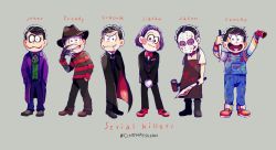 Rule 34 | 10s, 6+boys, :&lt;, a nightmare on elm street, apron, batman (series), billy the puppet, billy the puppet (cosplay), black hair, blood, blood on clothes, blood on face, bow, bowtie, brothers, cape, character name, child&#039;s play, chucky, chucky (cosplay), claws, coat, cosplay, dc comics, dracula, dracula (cosplay), fangs, fedora, formal, freddy krueger, freddy krueger (cosplay), friday the 13th, grey background, hair slicked back, hairband, hand in pocket, hands in pockets, hat, hockey mask, jason voorhees, jason voorhees (cosplay), knife, lineup, machete, male focus, mallet, mask, matsuno choromatsu, matsuno ichimatsu, matsuno jyushimatsu, matsuno karamatsu, matsuno osomatsu, matsuno todomatsu, messy hair, multiple boys, open mouth, osomatsu-kun, osomatsu-san, osomatsu (series), overalls, saw (movie), sextuplets, shirt, siblings, simple background, sleeves past wrists, smile, striped clothes, striped shirt, suit, the dark knight, the joker, the joker (cosplay), traditional bowtie, trench coat, tsuyuxxx