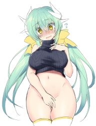 Rule 34 | 1girl, blush, bottomless, breasts, covering privates, covering crotch, cowboy shot, crop top, embarrassed, fate/grand order, fate (series), flying sweatdrops, green hair, hair between eyes, hair ribbon, head tilt, horns, kagura nanaki, kiyohime (fate), large breasts, long hair, looking at viewer, navel, nose blush, ribbed sweater, ribbon, simple background, solo, standing, sweatdrop, sweater, turtleneck, turtleneck sweater, very long hair, white background, yellow eyes, yellow ribbon