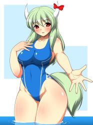 Rule 34 | 1girl, bad id, bad pixiv id, blush, breasts, ex-keine, female focus, green hair, horns, kamishirasawa keine, kyokutou hentai samurai, large breasts, long hair, one-piece swimsuit, red eyes, solo, swimsuit, tail, touhou
