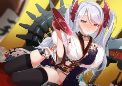 Rule 34 | 1girl, :q, alcohol, antenna hair, azur lane, black thighhighs, blurry, blurry foreground, blush, breasts, choker, cross, cross choker, cup, drunk, fur-trimmed kimono, fur trim, gradient background, grey hair, headgear, highres, iron cross, japanese clothes, kimono, large breasts, mole, mole on breast, multicolored clothes, multicolored hair, multicolored kimono, official alternate costume, orange eyes, panties, prinz eugen (azur lane), prinz eugen (profusion of flowers) (azur lane), red hair, rigging, sakazuki, sash, side-tie panties, sideboob, solo, streaked hair, swepot, thighhighs, tongue, tongue out, two-tone hair, underwear, yellow background