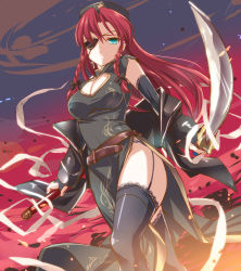 Rule 34 | 1girl, alternate costume, black thighhighs, bow, braid, breasts, china dress, chinese clothes, cleavage, cleavage cutout, clothing cutout, dao (weapon), dress, eyepatch, garter straps, green eyes, hair bow, hong meiling, large breasts, long hair, monety, pirate, red hair, sketch, solo, sword, thighhighs, touhou, twin braids, weapon