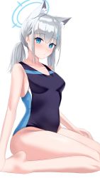 Rule 34 | 1girl, absurdres, animal ear fluff, bare arms, bare legs, bare shoulders, blue archive, blue eyes, blush, breasts, closed mouth, collarbone, commentary, competition swimsuit, cross hair ornament, dot mouth, dot nose, extra ears, full body, grey hair, hair ornament, halo, heterochromia, highres, long bangs, looking at viewer, low ponytail, one-piece swimsuit, seiza, shiroko (blue archive), simple background, sitting, small breasts, solo, swimsuit, tutane 1115, white background