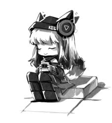 Rule 34 | 1girl, animal ears, arknights, beanie, chibi, closed eyes, clothes writing, ears through headwear, closed eyes, fox ears, fox girl, fox tail, frostleaf (arknights), greyscale, hat, headphones for animal ears, highres, holding, jacket, long hair, monochrome, pants, simple background, sitting, solo, tail, te gong fengmi huangyou la regou, u u, white background