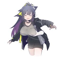 Rule 34 | 1girl, animal ears, arknights, bag, black choker, black gloves, black hair, black jacket, black shorts, bow, brown shirt, cat ears, cat girl, choker, closed eyes, covered erect nipples, cropped legs, disembodied hand, fingerless gloves, gloves, grabbing, grabbing another&#039;s breast, grey bag, hair bow, hair ornament, highres, jacket, jessica (arknights), jessica the liberated (arknights), leaning forward, long hair, multicolored hair, official alternate costume, open mouth, ponytail, purple hair, retri, shirt, shorts, shoulder bag, simple background, streaked hair, sweat, white background