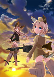 Rule 34 | 2girls, blue eyes, cloud, floating hair, flying, garrison cap, goggles, goggles on head, gun, hanna-justina marseille, hat, head wings, highres, lens flare, long hair, looking at viewer, looking back, luftwaffe, machine gun, mg 34, multiple girls, pink hair, raisa pottgen, scarf, short hair, sky, smile, strike witches, striker unit, sun, sunset, suomio, tail, uniform, weapon, wehrmacht, wings, world witches series