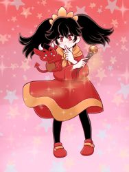 Rule 34 | 1girl, artist request, ashley (warioware), black hair, black pantyhose, blue eyes, blush stickers, demon, demon tail, dress, finger to mouth, hair ornament, horns, long hair, magic, nintendo, pantyhose, red (warioware), red eyes, standing, tail, twintails, very long hair, wand, warioware