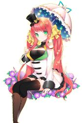 Rule 34 | 1girl, black hat, black thighhighs, breasts, brown footwear, cleavage, flower, green eyes, hair ornament, hat, heart, heart hair ornament, highres, long hair, looking at viewer, morning glory, official art, over shoulder, parasol, pink hair, roh nam kyung, sitting, smile, soccer spirits, solo, thighhighs, transparent background, twintails, umbrella, very long hair, victoria (soccer spirits)