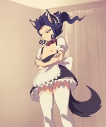 Rule 34 | 1boy, animal ears, animated, apron, ass, blue hair, brown eyes, bulge, collar, crossdressing, dog boy, garter straps, inazuma eleven, inazuma eleven (series), maid, maid headdress, male focus, nenna, nipples, panties, panty pull, penis, spiked collar, spikes, tail, tail wagging, testicles, thighhighs, trap, tsurugi kyousuke, underwear, video, white legwear, white panties, white thighhighs