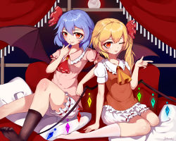 Rule 34 | 2girls, artist name, ascot, bat wings, bed, black legwear, blonde hair, blue hair, blush, breasts, collarbone, collared shirt, commentary request, crystal, curtains, eyelashes, flandre scarlet, frills, full moon, gem, hair between eyes, hair ribbon, hand up, highres, indoors, jewelry, looking at viewer, medium breasts, moon, multicolored wings, multiple girls, night, night sky, no headwear, no shoes, on bed, one eye closed, one side up, open mouth, orange ascot, pillow, pink shirt, pointing, puffy short sleeves, puffy sleeves, red ascot, red eyes, red ribbon, red vest, remilia scarlet, ribbon, shirt, short hair, short sleeves, shorts, siblings, sisters, sitting, sky, smile, snozaki, socks, touhou, vest, white shirt, white shorts, white socks, window, wings