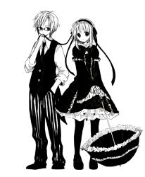 Rule 34 | 1boy, 1girl, anzu (o6v6o), bow, collared shirt, dress, dual persona, frilled dress, frilled hairband, frilled sleeves, frilled umbrella, frills, full body, genderswap, genderswap (ftm), glasses, gothic lolita, greyscale, gumi, gumiya, hair ribbon, hairband, hand in pocket, hand to own mouth, holding, holding ribbon, holding umbrella, lolita fashion, lolita hairband, looking at viewer, mary janes, monochrome, necktie, pants, pantyhose, pinstripe pants, pinstripe pattern, ribbon, shirt, shoes, short hair with long locks, sleeves rolled up, standing, striped clothes, striped pants, umbrella, vertical-striped clothes, vertical-striped pants, vest, vocaloid, wide sleeves
