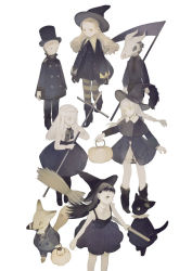 Rule 34 | 2boys, 4girls, animal, animal skull, ascot, black cat, black dress, black footwear, black hair, black headwear, black jacket, black legwear, black neckwear, black pants, black shirt, black shorts, black skirt, blonde hair, boots, braid, broom, buttons, capelet, cat, child, clothed animal, collared shirt, cross, double-breasted, dress, fake tail, food, fox, gloves, halloween, hat, holding, holding broom, holding cross, holding food, holding pumpkin, holding scythe, holding vegetable, holding weapon, horns, jacket, kitten, long hair, long sleeves, mary janes, mask, multiple boys, multiple girls, neck ribbon, necktie, original, pants, peter pan collar, pumpkin, ribbon, scythe, shirt, shoes, short hair, shorts, skirt, skull mask, slit pupils, standing, striped legwear, tail, tono (rt0no), top hat, vegetable, weapon, white background, white hair, white neckwear, white shirt, witch, witch hat, yellow eyes