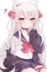 Rule 34 | 1girl, animal ear fluff, animal ears, black cardigan, black choker, blue sailor collar, blue skirt, blush, cardigan, choker, closed mouth, collarbone, commentary request, flower, fox ears, fox girl, fox tail, grey hair, hair between eyes, hair flower, hair ornament, hair ribbon, hand up, heart, highres, long hair, long sleeves, looking at viewer, off shoulder, open cardigan, open clothes, original, pleated skirt, puffy long sleeves, puffy sleeves, red eyes, red flower, red ribbon, ribbon, ringouulu, sailor collar, school uniform, serafuku, shirt, simple background, sitting, skirt, sleeves past wrists, solo, tail, very long hair, white background, white flower, white shirt