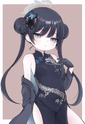 Rule 34 | 1girl, absurdres, black dress, black gloves, black hair, black jacket, blue archive, breasts, butterfly hair ornament, china dress, chinese clothes, double bun, dress, gloves, grey eyes, hair bun, hair ornament, halo, highres, jacket, kisaki (blue archive), long hair, looking at viewer, ni kiro, off shoulder, pinstripe jacket, pinstripe pattern, small breasts, solo, striped, twintails