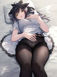 Rule 34 | 1girl, absurdres, animal ear fluff, animal ears, arknights, bed sheet, black hair, black pantyhose, breasts, cat ears, feet out of frame, fine fabric emphasis, floppy ears, frills, gathers, green eyes, hand on own chest, hand on own stomach, high ponytail, highres, jessica (arknights), lace, lace panties, long hair, looking at viewer, lying, medium breasts, multicolored hair, on back, panties, panties under pantyhose, pantyhose, parted lips, pillow, purple hair, shirt, short sleeves, sishui liuyue, solo, tearing up, two-tone hair, underwear, wavy mouth, white panties, white shirt