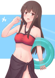 Rule 34 | 1girl, :d, aircraft, airplane, akagi (kancolle), akahi242, alternate costume, bare shoulders, blush, brown eyes, brown hair, cowboy shot, kantai collection, long hair, looking at viewer, midriff, navel, open mouth, smile, solo, straight hair