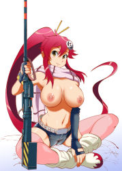 Rule 34 | 00s, 1girl, anti-materiel rifle, armpits, asymmetrical gloves, bikini, bikini top only, boots, breasts, breasts apart, cameltoe, cleavage, elbow gloves, female focus, fingerless gloves, full body, gloves, gradient background, gun, hair between eyes, hair ornament, kamitsuki manmaru, large breasts, long hair, looking at viewer, navel, nipples, parted bangs, pink thighhighs, ponytail, red hair, rifle, scarf, short shorts, shorts, sitting, smile, sniper rifle, solo, spread legs, stomach, striped clothes, striped scarf, swimsuit, tengen toppa gurren lagann, thighhighs, topless, uneven gloves, very long hair, weapon, white background, yellow eyes, yoko littner