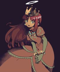 Rule 34 | 1girl, :d, bangle, black background, blue eyes, blush stickers, bracelet, crown, dress, earrings, elbow gloves, glint, gloves, halo, highres, jewelry, leaning forward, long dress, long hair, looking at viewer, mario (series), nintendo, open mouth, own hands clasped, own hands together, pink hair, princess, princess shokora, rinabe (@rfufvas3phbxkxa), short sleeves, simple background, smile, solo, wario land, wario land 4, white gloves