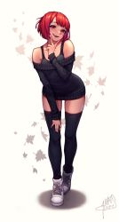 Rule 34 | 1girl, absurdres, black bra, black sweater, black thighhighs, bra, collarbone, fang, full body, highres, hoipus, looking at viewer, off-shoulder sweater, off shoulder, original, red eyes, red hair, shoes, short hair, sneakers, solo, sweater, teeth, thighhighs, underwear, upper teeth only, v, white footwear