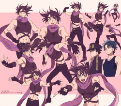 Rule 34 | battle tendency, boots, brown hair, chain, crop top, dancing, elbow gloves, fingerless gloves, gloves, green eyes, jojo no kimyou na bouken, jonathan joestar, joseph joestar, joseph joestar (young), jumping, knee boots, kuujou joutarou, male focus, midriff, mikumikudance, multicolored clothes, multicolored scarf, namihaya, pectorals, phantom blood, pointing, purple scarf, scarf, shirt, spiked hair, stardust crusaders, tight clothes, tight shirt