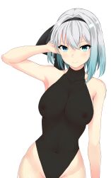 Rule 34 | 1girl, aqua eyes, black hairband, black leotard, breasts, closed mouth, commentary request, cowboy shot, grey hair, groin, hairband, hand in own hair, highres, konpaku youmu, large breasts, leotard, looking at viewer, short hair, simple background, sleeveless, solo, suiu shinotsuku, touhou, variant set, white background
