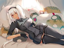 Rule 34 | black gloves, breasts, cat-shaped pillow, check commentary, commentary, commentary request, dark-skinned female, dark skin, enemy lifebuoy (kancolle), glasses, gloves, hair between eyes, headgear, highres, kantai collection, large breasts, long hair, masago (rm-rf), miniskirt, musashi (kancolle), musashi kai ni (kancolle), partially fingerless gloves, reclining, red eyes, short hair with long locks, skirt, thighhighs, twintails, very long hair