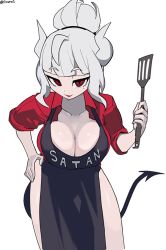 Rule 34 | 1girl, aiki firstw1, breasts, cleavage, demon girl, demon horns, demon tail, firstw1, gloves, helltaker, horns, large breasts, long hair, looking at viewer, lucifer (helltaker), mole, mole under eye, red eyes, smile, solo, tail, white hair, white horns