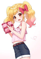 Rule 34 | 1girl, :d, aikatsu! (series), aikatsu on parade!, aikatsu stars!, bad id, bad pixiv id, bare arms, bare shoulders, belt, black shorts, blonde hair, blush, bow, box, brown belt, brown eyes, camisole, commentary request, gift, gift box, gradient background, gradient hair, hair bow, heart, holding, holding gift, looking at viewer, looking to the side, midriff, multicolored hair, nijino yume, open mouth, pink background, pink camisole, pink hair, polka dot, red bow, short shorts, shorts, smile, solo, twintails, twitter username, white background, yumoran