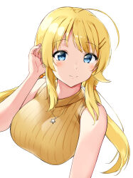 Rule 34 | 1girl, ahoge, bare shoulders, blonde hair, blue eyes, blush, breasts, cropped torso, dot nose, hachimiya meguru, hair ornament, hairclip, hand on own face, highres, idolmaster, idolmaster shiny colors, jewelry, large breasts, long hair, looking at viewer, low twintails, minikon, necklace, simple background, sleeveless, sleeveless sweater, smile, solo, star (symbol), star necklace, sweater, twintails, upper body, white background, yellow sweater