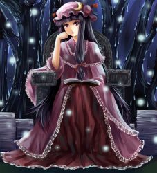 Rule 34 | 1girl, bad id, bad pixiv id, book, bow, head rest, female focus, full body, hair bow, hat, long hair, patchouli knowledge, purple hair, red eyes, sitting, solo, touhou, very long hair, vetina