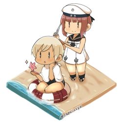 Rule 34 | 10s, 2girls, alternate hair length, alternate hairstyle, blue eyes, brown hair, capriccyo, chibi, comb, commentary request, dress, hat, kantai collection, lifebuoy, multiple girls, ro-500 (kancolle), sailor dress, sailor hat, scissors, swim ring, twitter username, white hat, z3 max schultz (kancolle)