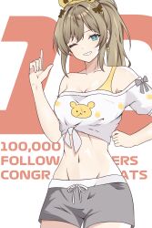 Rule 34 | 1girl, absurdres, aqua eyes, bare shoulders, bow, bra strap, breasts, brown hair, cleavage, commentary request, cowboy shot, crop top, grey bow, grey shorts, grin, groin, hair intakes, hand up, highres, index finger raised, long hair, looking at viewer, midriff, navel, off-shoulder shirt, off shoulder, ponytail, queenie (vtuber), shirt, short sleeves, shorts, single strap, sixiwanzi, smile, solo, standing, stomach, white background, white shirt, zhihuili chieri