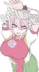 Rule 34 | 1girl, arms up, bandaged arm, bandages, breasts, flat color, flower, from above, highres, ibaraki kasen, large breasts, looking at viewer, mahoro (minase mahoro), pink eyes, pink hair, pink tabard, rose, simple background, smile, solo, tabard, tagme, tongue, tongue out, touhou, white background