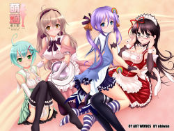 Rule 34 | 4girls, :o, ahoge, apron, aqua hair, armlet, back, bare shoulders, between legs, black socks, black thighhighs, blonde hair, blue eyes, blush, bow, breasts, brown eyes, brown hair, cleavage, detached sleeves, dress, elbow gloves, frilled legwear, frills, garter straps, glasses, gloves, green eyes, hair ornament, hair ribbon, hairband, hairclip, hand between legs, highres, kneehighs, kneeling, large breasts, light smile, long hair, maid headdress, moe (phrase), multiple girls, no shoes, obiwan, open mouth, purple hair, purple legwear, rainbow, ribbon, short hair, sitting, sleeveless, sleeveless dress, socks, striped clothes, striped legwear, striped thighhighs, thighhighs, tray, twintails, unbuttoned, waitress, white gloves, wrist cuffs, yellow eyes