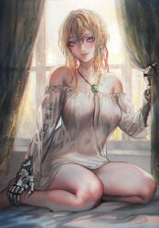 Rule 34 | 1girl, aoin, bare legs, bare shoulders, blonde hair, blue eyes, breasts, brooch, covered navel, curtains, highres, jewelry, looking at viewer, mechanical hands, medium breasts, necklace, nightgown, see-through, sitting, solo, strapless, thighs, violet evergarden, violet evergarden (series), wariza, white nightgown, window