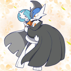Rule 34 | 1boy, 1girl, = =, ^ ^, alternate color, bare shoulders, black dress, black gloves, black hair, blue hair, blush, bob cut, cape, carrying, closed eyes, colored skin, creatures (company), dress, elbow gloves, flat chest, floral background, full body, gallade, game freak, gardevoir, gen 3 pokemon, gen 4 pokemon, gloves, hair over one eye, hand on another&#039;s shoulder, happy, highres, hug, looking at another, mega gallade, mega gardevoir, mega pokemon, mohawk, monya, multicolored hair, nintendo, one eye covered, open mouth, orange background, orange eyes, pokemon, pokemon (creature), princess carry, shiny pokemon, short hair, smile, standing, strapless, strapless dress, two-tone hair, white cape, white skin