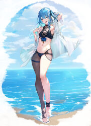 Rule 34 | 1girl, alternate costume, ankle strap, aqua hair, arm up, armpits, bare shoulders, barefoot, bikini, blue eyes, blue hair, blue nails, breasts, cloud, cloudy sky, colored inner hair, commentary, day, eyelashes, feet, full body, green ribbon, hair between eyes, hair ribbon, hand up, heel up, highres, hololive, hoshimachi suisei, kinoko (shikimylove), legs, long legs, looking at viewer, multicolored hair, nail polish, navel, no shoes, ocean, one side up, open clothes, open mouth, open shirt, outdoors, ribbon, shirt, side ponytail, sidelocks, single leg pantyhose, sky, small breasts, solo, standing, stomach, swimsuit, thigh strap, thighs, toeless legwear, toenail polish, toenails, toes, virtual youtuber, wet, wet hair, white shirt
