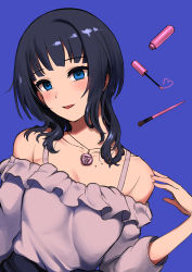 Rule 34 | 1girl, absurdres, asaka karin, black hair, blue background, blue eyes, breasts, collarbone, hand on own shoulder, highres, jewelry, large breasts, looking at viewer, love live!, love live! nijigasaki high school idol club, makeup brush, medium hair, mole, mole on body, mole on collarbone, nail polish, necklace, nishikino kee, off shoulder, open mouth, purple shirt, shirt, sidelocks, smile, solo, strap, upper body